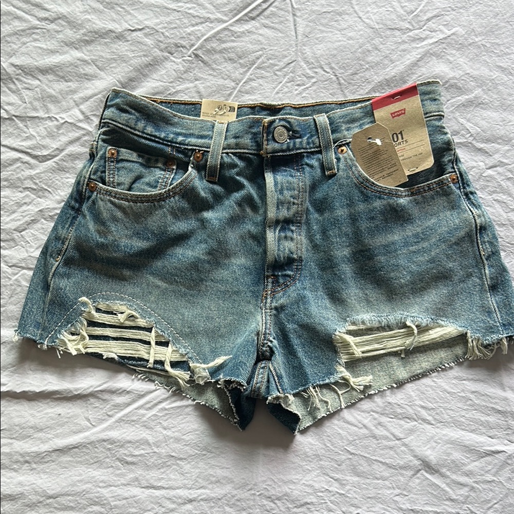 Levi's Blue High-Waisted 501 Distressed Jean Shorts